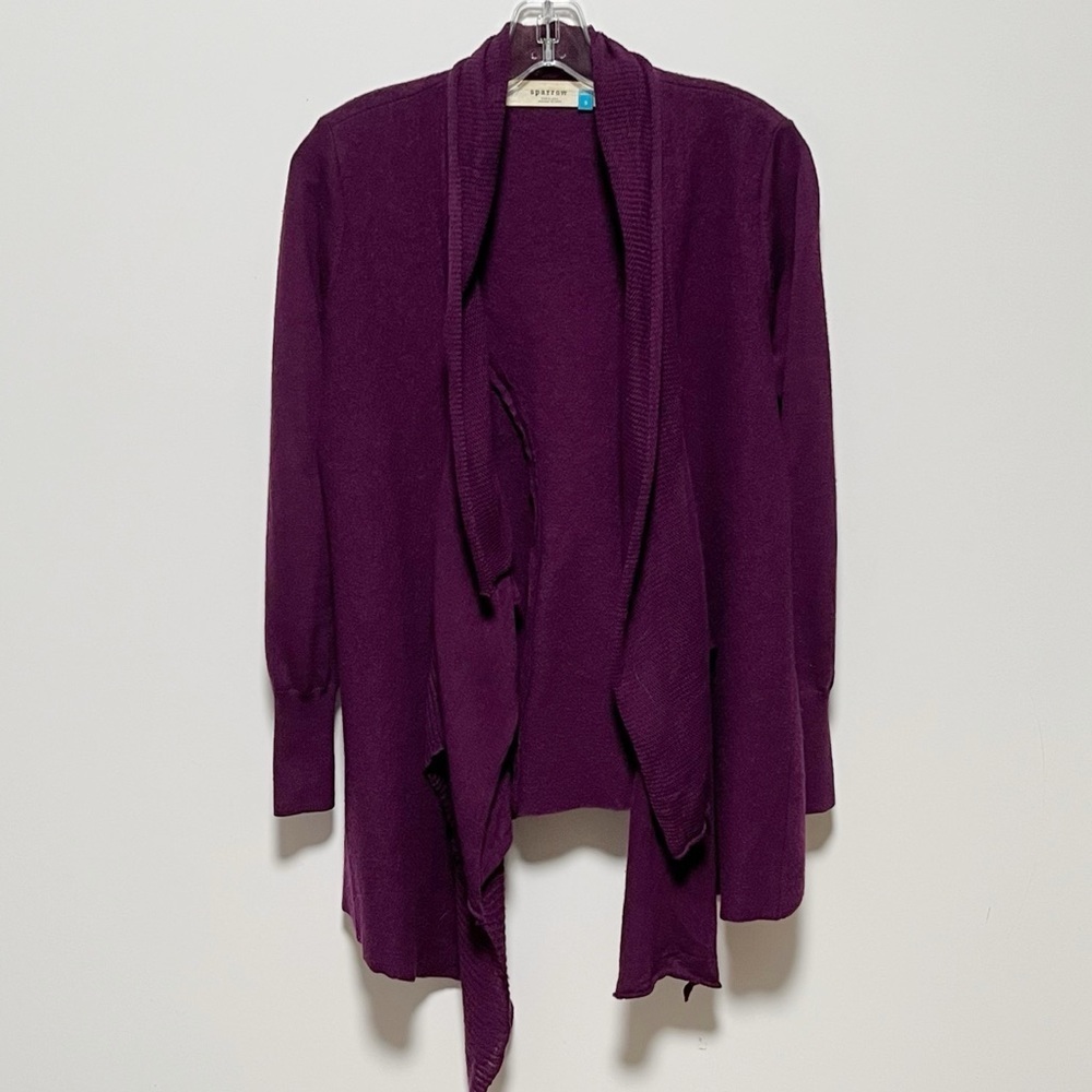 Sparrow Anthropologie Purple Merino Wool open front draped Waterfall Cardigan